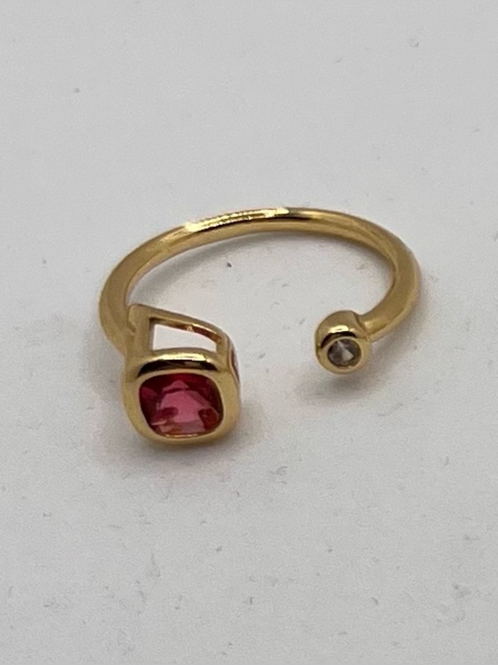 Adjustable Gold Ring with Vibrant Pink Cushion Stone and Clear Accent
